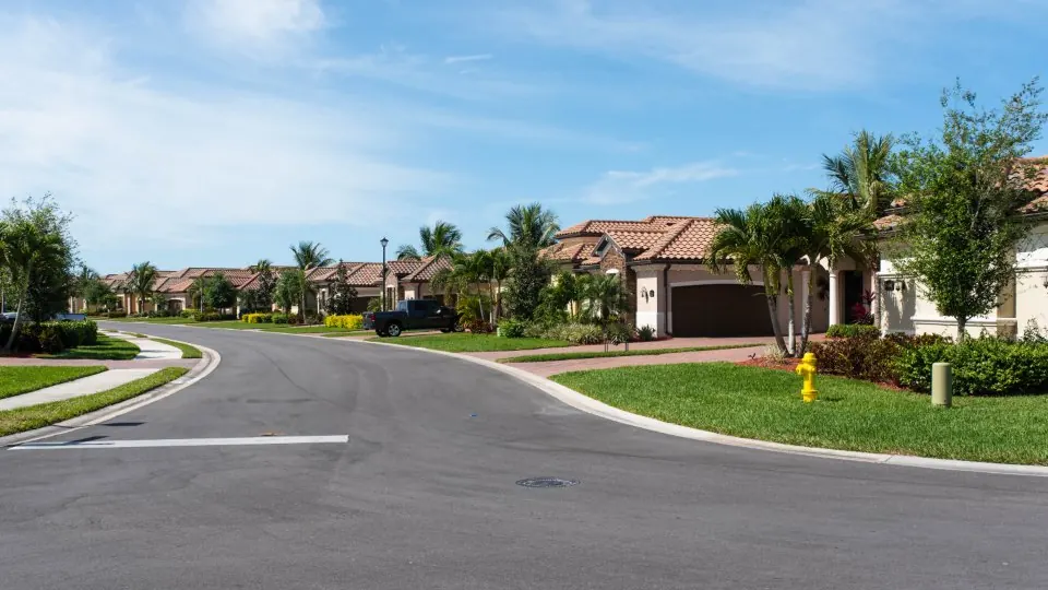 A quiet residential street of single-family homes under a clear sky